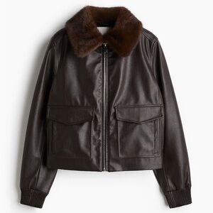 H&M Dark Brown Leather Jacket with Faux Fur Collar